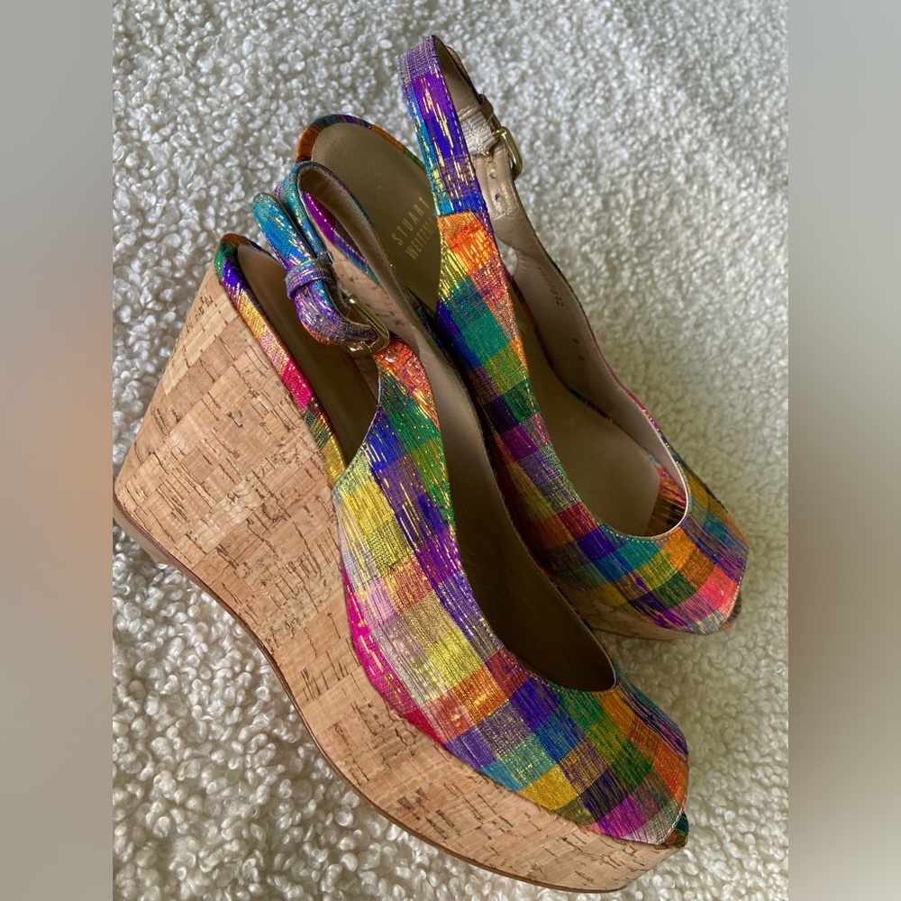 Stuart Weitzman Plaid Metallic Cork Wedge Peeptoe Slingback Sandal